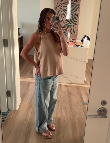 Image of Womens Spring Summer Sleeveless Side Tie Sweater Top Stylish Ribbed Knit Dropped Tank 2025(Apricot-S)