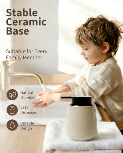 Image of BosilunLife Hand Soap Dispenser - Ceramic Dish Soap Dispenser for Bathroom 12ounce Refillable Liquid Hand Wash Dispenser for Essential Oil, Lotion Soap, Greige with Speckle