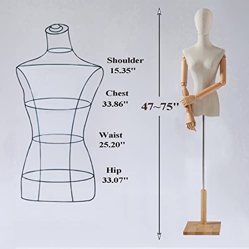 Female Mannequin Torso Dress Form, Clothing Display Model Body Stand With Head, Wooden Arms And Base For Sewing Clothing, Jewelry, Height Adjustable 47-75 Inch (Wood Color) #TOP1