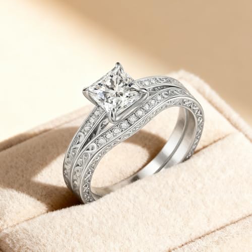 Vintage Bridal Ring Set for Women Princess Cut Bridal Sets Wedding Rings, 1-1/2 Carat(ctw) Moissanite Engagement Ring Set 925 Sterling Silver 10K 14K 18K Gold Engagement Ring Set Free Engraving3