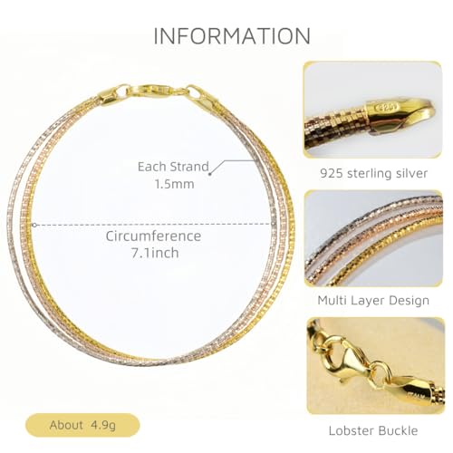 925 Sterling Silver Tri-color Stackable Bracelet for Women | Silver, Gold&Rose Gold Plated 3-Strand Diamond-Cut Link Chain | Trendy Dainty Layered Bracelets | Gift for Her, Birthday, Christmas, Valentine's Day3