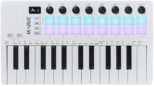 M-VAVE 25 Tasten 16 Backlit Drum Pads MIDI Keyboard - Professioneller Beat Maker und Keytar für Keyboard Musikproduktion Builtin Battery Wireless Connect Weiß