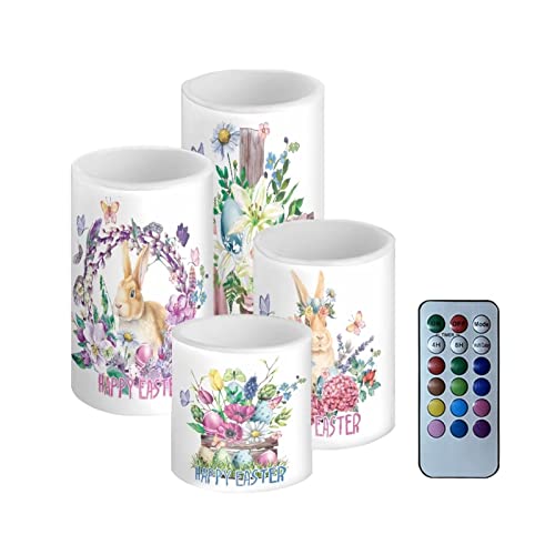 Image of Happy Easter Flameless LED Candles Electric Candles with Remote Timer Colorful Light Control Long Lasting for Easter Day Decorations Pack of 4, Bunny Flower Butterfly Wreath, White