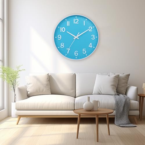 Image of HZDHCLH Wall Clock 3D Numbers Wall ClockBattery-Powered 12-inch Silent Non-Tick Modern Wall Clock for Living Room, Bedroom, Kitchen, and Office Decoration (Blue and White)