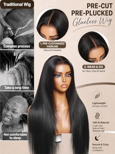 Image of Sunber Glueless 13x4 Layered Cut Yaki Straight Human Hair Wig Elastic 24''