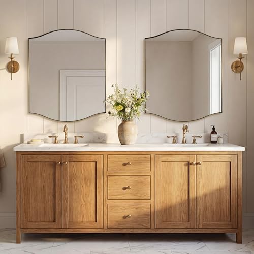 Image of ANDY STAR Rectangle Scalloped Mirror, 30 inchx36 inch Brushed Gold Bathroom Mirror in SUS304 Stainless Steel Metal Frame, Brass Vanity Mirror with Unique Arched Top Design