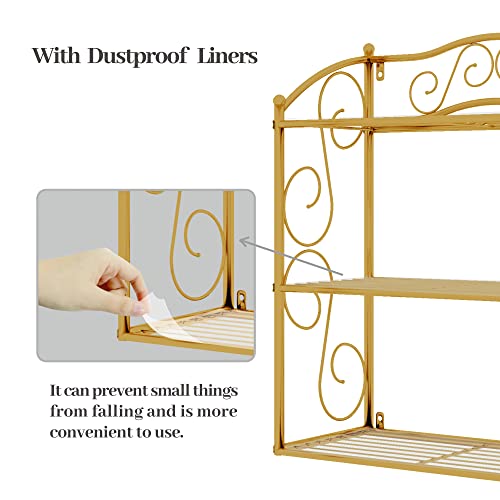 Yadoolife Metal Wire Wall Shelf Unit, 3-Tier Wall Mounted Gold Floating Shelves With Liners, Hanging/Standing Storage Shelving Rack For Pantry Bathroom Office Home Organization #TOP5
