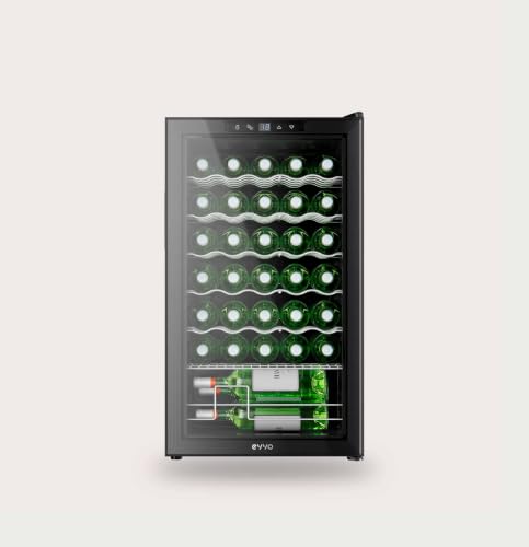 EVVO VT34 Vinoteca 34 botellas, enfriador de vino con compresor, 5-18ºC, panel táctil, silenciosa, display digital, LED interior, botellero vino y mini nevera vinoteca