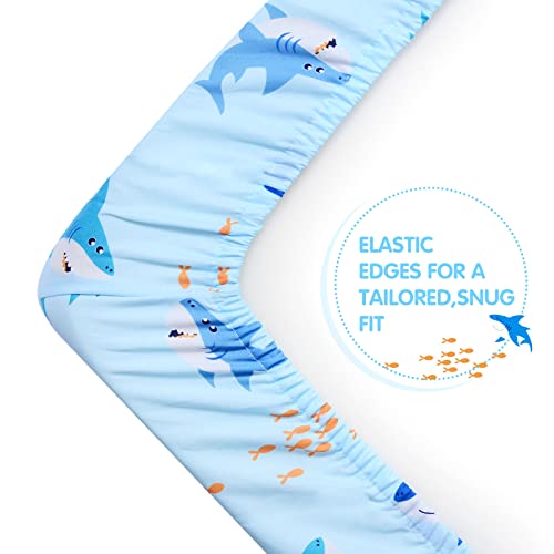 Image of UOMNY Crib Sheet for Baby Boys Shark Fitted Crib Sheets for Standard Crib and Toddler Mattresses Ocean Crib Mattress Sheets for Daycare 52 x 28 Blue