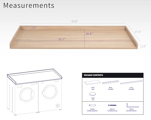 Washer Dryer 54 inch Countertop with Safety Ledge for Laundry Room Organization, Light Wood, LF-WDCT1C