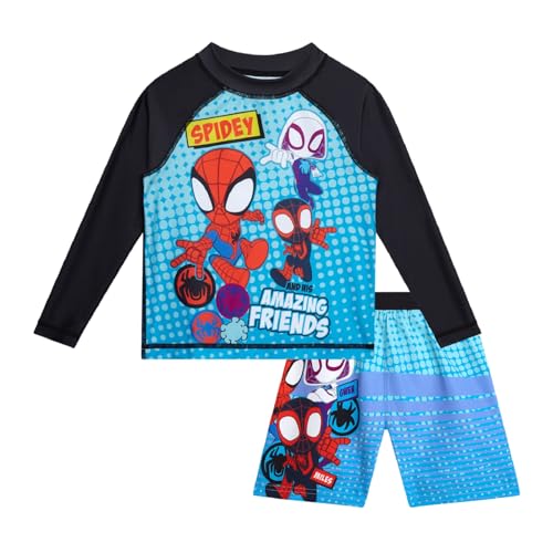 Image of Marvel Boys Rash Guard Set 2 Piece Hulk Spiderman Swim Shirt & Swim Trunks