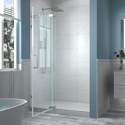 ComfyStyle 44-48' W x 70' H Frameless Pivot Shower Door, 5/16'(8mm) Clear SGCC Tempered Glass Shower Doors, Brushed Nickel Hinged Shower Glass Door, Reversible Installation