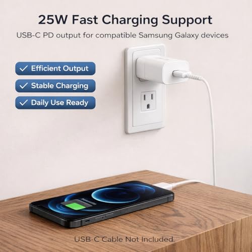 Image of Samsung 25W Type-C PD Super-Fast Charger Wall Adapter, Compatible with Galaxy M17e /M17 /F70e, M56 /F17 /A17 /A57 /A37 /A07 /M07 /F07 /A36 /A16 /A06 /M06 /M36 /M16 /M05 /M15 /M55 /M35 /F36 /F56 /F06 /F16 /F15 /F05 /5G, White