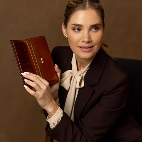 Image of Time Resistance Long Leather Wallet - Bifold Mens Suit Leather Wallet - Checkbook Wallet - Tall Billfold Card Wallet - Slim Wallet Made in Italy (Cognac Brown)