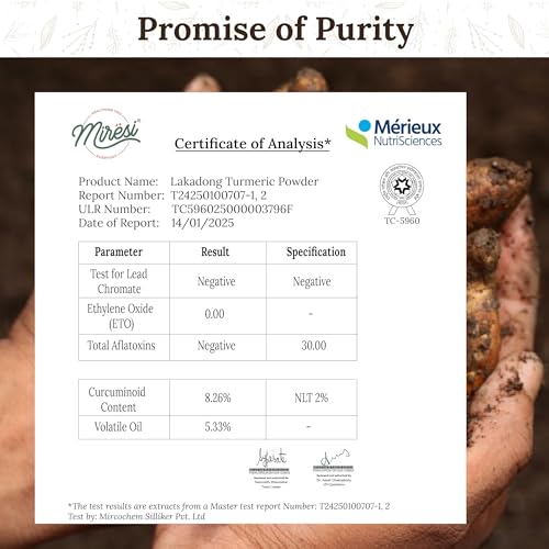 Image of Miresi Lakadong Turmeric Powder, 7% Curcumin - Lead Chromate Free, ETO Free, Sustainably Sourced, 100g (Pack of 1)