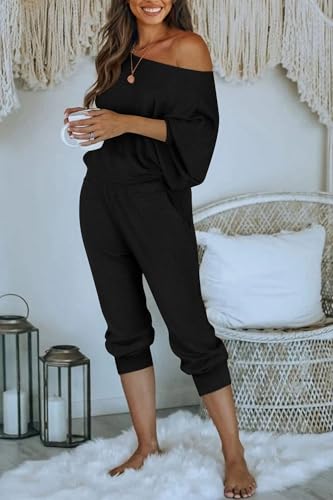 PRETTYGARDEN Two Piece Sets for Women Fall 2025 Ribbed Knit Off Shoulder Tops Lounge Pants Tracksuit Fashion Clothing2