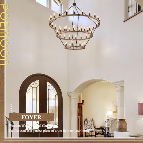Image of Oak Wooden Wagon Wheel Chandelier 48-Light 63 inch Light Fixture