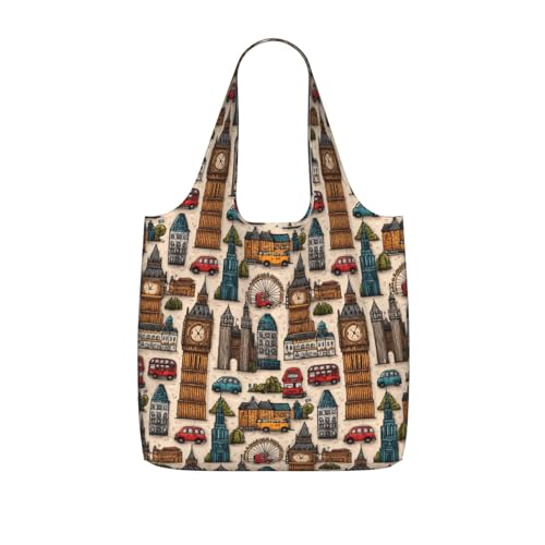 Moxquju London Landmark (3) For Foldable Shopping Bag, Washable Storage Tote For Work And Travel