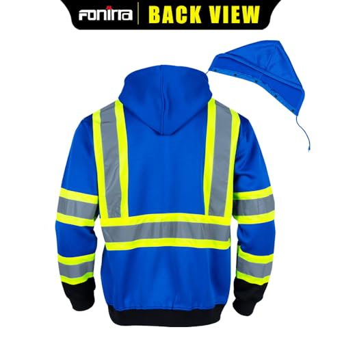 FONIRRA Hi Vis Safety Fleece Zip Hoodie for Men Reflective Sweatshirts ANSI Class 3 Jackets Detachable Hood (Blue,L) - Image 3