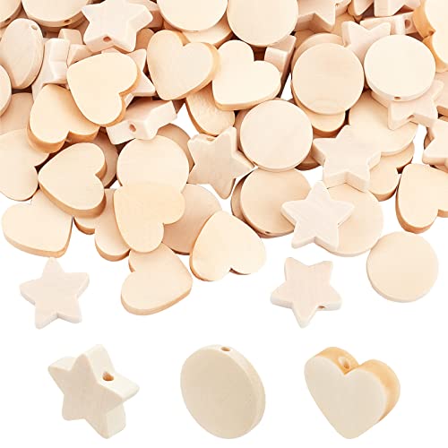 OLYCRAFT 150Pcs natürliche Holzperlen Stern/Herz/Rund Holzperlen unvollendete hölzerne lose Perlen Abstandshalter Perlen mit Loch für Handwerk DIY Schmuck machen -19~20x20x5~6mm