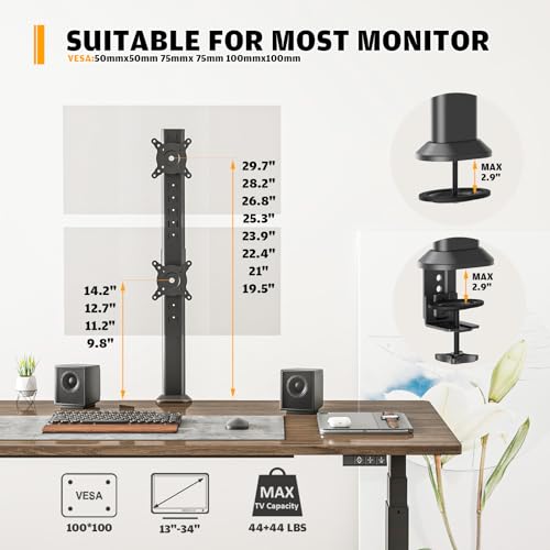 Image of HEMUDU Dual Monitor Articulating Desk Mount Arm Stand - Vertical Stack Screen Supports Two 13 to 34 Inch Computer Monitors with C Clamp