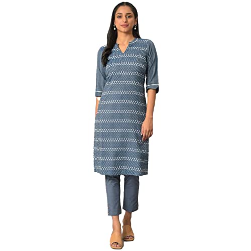 Image of Aurelia Women's Cotton Straight Fit Straight Solid Regular Floral Printed Kurta
