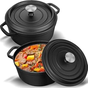 2 Pcs 4 Quart Dutch Oven Pots with Lid Cast Iron Dutch Oven Round Iron Cocotte Black Dutch Oven Pot Pre Seasoned with Oil for Braising Broiling Bread Baking Frying