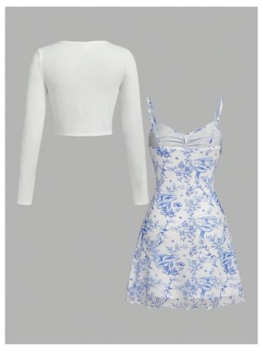 Girl's 2 Piece Outfits Floral Cami Bodycon Dresses and Long Sleeve Bolero Shrugs Cute Clothes2