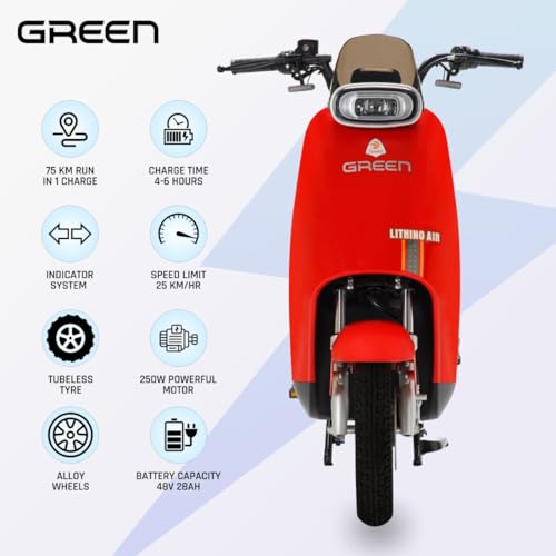 Image of Green Udaan Electric Scooter for adult�s commuter, No RTO Registration or DL required, 75kms Range & 25kmph, Comfortable Wider Deck E-Bike | Red