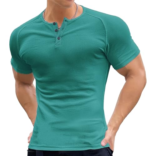 Mens Muscle Slim Henley Shirts Casual Fit Athletic T-Shirts Classic Soft Short Sleeve Shirt for Men (Green,XX-Large)