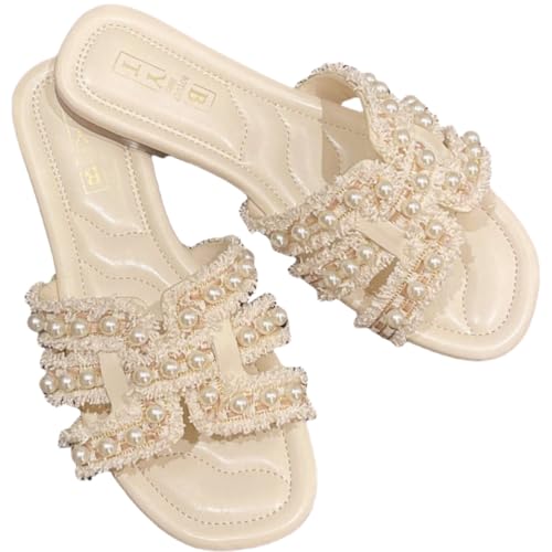Women wear soft-soled pearl accessories on beach flip-flops in summer