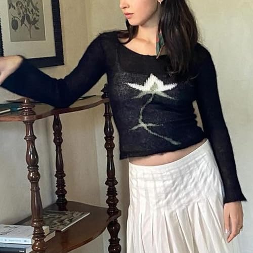 ICNGLKSND Women Lightweight Sheer Sweater Floral Print Knitwear Long Sleeve Boat Neck See Through Jumper Loose Rib Crop Tops3