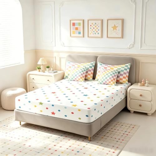 Image of Feelyou Multicolored Checkered Retro 7 Piece Bedding Set Kids Boys Geometric Vintage Comforter Set with Sheets Queen Size Green Yellow Colorful Bed in a Bag Modern Simple Groovy Aesthetic Room Decor