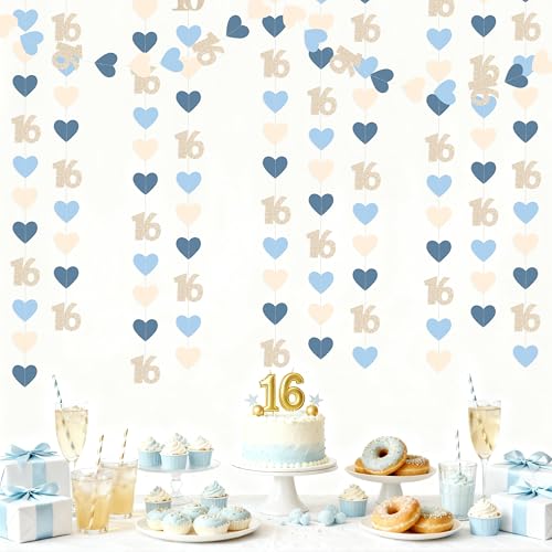 Image of Champagne Gold Blue 16th Birthday Decorations Champagne Gold Dusty Blue Heart Garland Streamer Banner Backdrop for Girls Happy 16th Birthday Sweet 16 Decorations Cheers to 16 Years Old Party Supplies