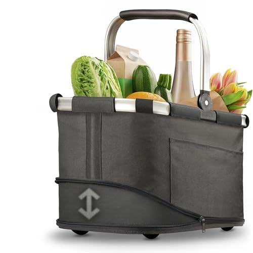 Praknu Einkaufskorb Faltbar Groß – 2 in 1 Erweiterbar 25L auf 35L – Abnehmbarer & Waschbarer Bezug – Stabil mit Alurahmen & Verstärktem Boden – Extra Fächer Innen & Außen – Tragekorb –Schwarz