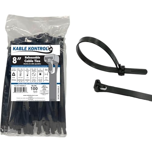 Kable Kontrol Reusable Cable Zip Ties 8 Inch 100 Pcs Black, 50 Lbs Tensile Strength, Self-Locking, Multipurpose Trigger Releasable & Adjustable Nylon Plastic cord wraps for indoor & Outdoor use