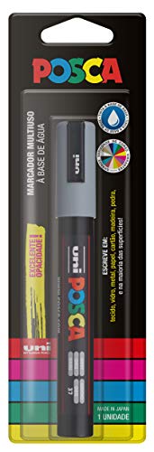 POSCA, UNI, Caneta Marcador PC-5M, Ponta Média, traço de 2,5mm a 6,8mm, Cinza, Blister com 1 Unidade