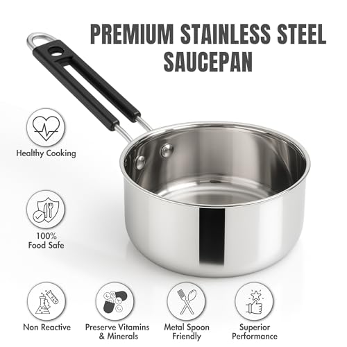 Image of Kraft Stainless Steel Saucepan Combo Set of 3-1, 1.4 and 1.8 Litre, Durable and Versatile Sauce Pan for Tea, Riveted Sturdy Bakelite Handle, Induction & Gas Base, for Chai, Milk, Soup, Egg