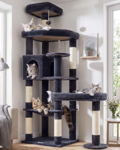 Image of Globlazer Extra Large Platform Cat Tree, 65in Sturdy Cat Scratching Tree for Indoor Cats Large Adult, Big Cat Perch Tower with 3 Padded Perches, 6 Scratching Posts, Cat Condo, Hammock, S65, Dark Grey