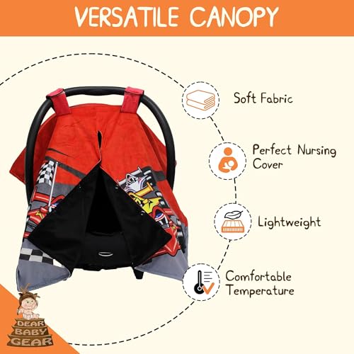 Image of Dear Baby Gear Car Seat Cover for Boys & Girls - Baby Carseat Canopy w /Snap Opening - Infant Seat Cover - Stroller & Nursing Covers - Newborn Carrier Canopy - 40x30 inch (Race Car Print - Smooth Black)