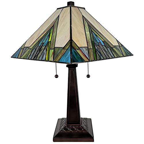 Amora AM349TL14 Tiffany Style Table Lamp Banker Mission 22 Inch Tall Stained Glass Ivory Green Antique Vintage Light Decor Nightstand Living Room Bedroom Handmade Gift Am349Tl14 thumb #3