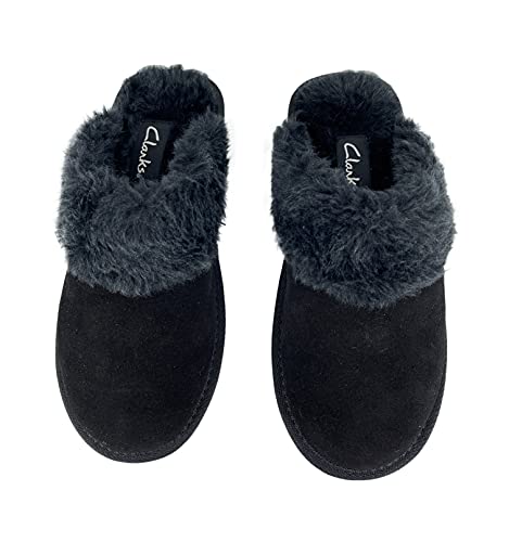 Image of Clarks Womens Open Back Suede Leather Comfort Clog Slipper JMS0583C - Plush Faux Fur Trim - Indoor Outdoor House Slippers For Women