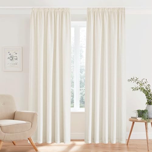 PONY DANCE Rideaux Voilage - Rideau Lin Naturel Draperies Demi Transparent Décoration de Salon Maison Romantique Galon Fronceur, Largeur 140cm sur Hauteur...