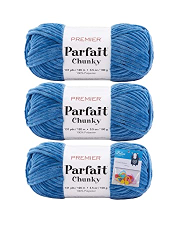 Image of Premier Yarns Parfait Chunky Chenille Yarn 3.5 Oz 6 Super Bulky Weight 3 Pack Bundle with Bella's Stitch Place Holders (Cornflower)