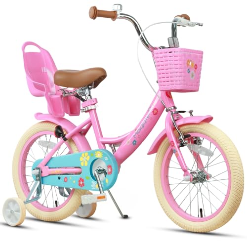 Glerc Maggie Girls Bike, 16 Inch Kids Bike for 4-7 Years Old Children, Princess Style Kids Bicycle with Doll-Seat & Basket & Training Wheels, Pink