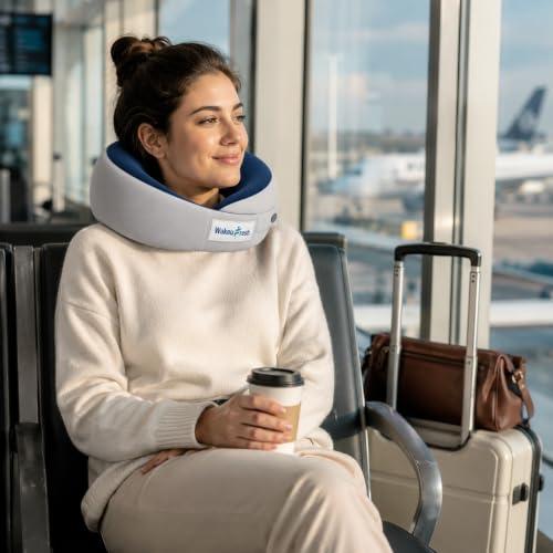 Image of 360 Memory Foam Travel Neck Pillow - U Shaped Ergonomic Head & Neck Support Cushion with Chin Support, Adjustable Snap Closure, Breathable Mesh Fabric (Blue & Grey)