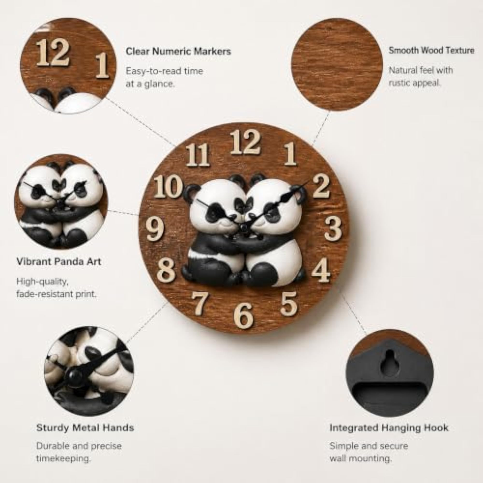 Animal Wall Clock, Adorable Panda Decor