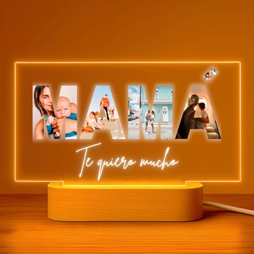 Cristal Plaque - Lámpara Personalizada Texto MAMÁ con Fotos y Mensaje Te queremos mucho | Placa Metacrilato con Luz LED | Base de Madera USB | Regalo Original para Cumpleaños y Día de la Madre
