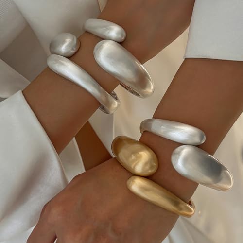 2PCS Chunky Gold Bangle Bracelets for Women Trendy Silver Plated Irregular Cuff Bracelets Stack Set Minimalist Arm Cuff Bracelet Statement Bracelets Fashion Cute Silver Jewelry3