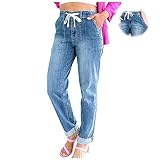 MAOAEAD Frauen Pull On Denim Jogger mit Kordelzug Elastische Taille Stretch Hosen Casual Hi-Rise Pull-On Jeans für Frauen (Blue,XL)